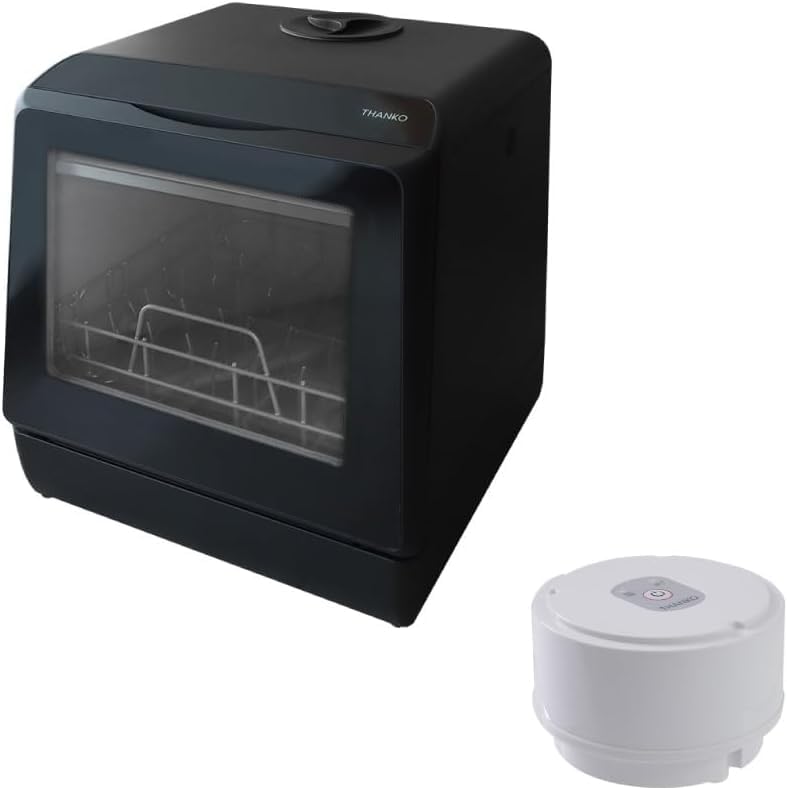 【洗浄動画あり】THANKO 水道いらずのタンク式食器洗い乾燥機 「ラクア」(ホワイト/マットブラック) (マットブラック+電動給水ポンプ)